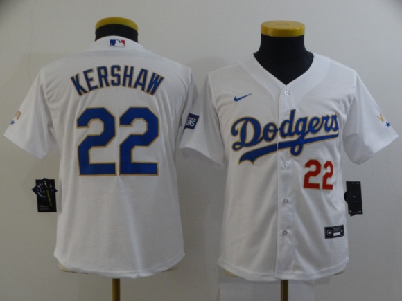 Dodgers-22-Clayton-Kershaw white gold red letter youth jersey