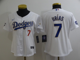 Dodgers-7-Julio-Urias white gold women with red number jersey
