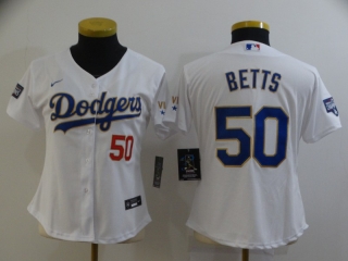 Dodgers-50-Mookie-Betts white gold with red number women jersey