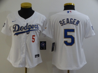 Dodgers-5-Corey-Seager white gold with red number women jersey