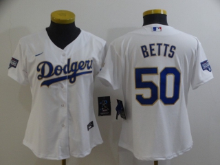 Dodgers-50-Mookie-Betts white gold women game jersey