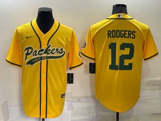 Green Bay Packers #12 Aaron Rodgers Yellow Cool Base Stitched Baseball Jersey