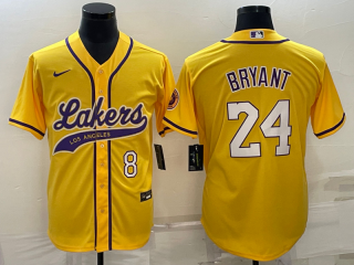 Men's Los Angeles Lakers Front #8 Back #24 Kobe Bryant Yellow Cool Base Stitched Baseball