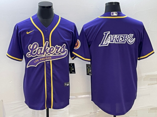 Men's Los Angeles Lakers Purple Big Logo Cool Base Stitched Baseball Jersey3