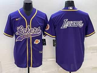 Men's Los Angeles Lakers Purple Big Logo With Patch Cool Base Stitched Baseball Jersey 2