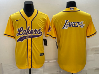 Men's Los Angeles Lakers Yellow Big Logo Cool Base Stitched Baseball Jersey
