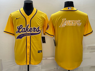 Men's Los Angeles Lakers Yellow Big Logo Cool Base Stitched Baseball Jersey7