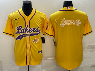 Men's Los Angeles Lakers Yellow Big Logo With Patch Cool Base Stitched Baseball Jersey 6
