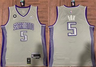 Men's Sacramento Kings #5 De'Aaron Fox Gray No.6 Patch Stitched Jersey