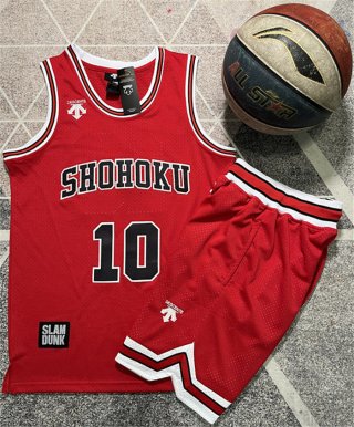 Men's Shohoku #10 Sakuragi Hanamichi Red Stitched Basketball Jersey And Shorts