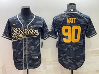 Pittsburgh Steelers #90 T. J. Watt Gray Navy Camo With Patch Cool Base Stitched