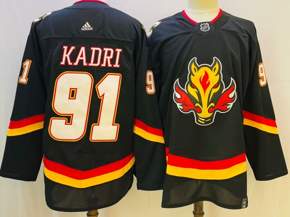 Men's Calgary Flames #91 Nazem Kadri Black 2022 23 Reverse Retro Stitched Jersey