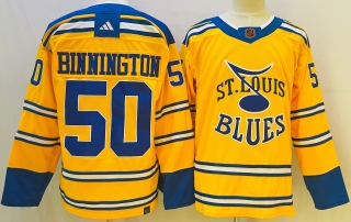 Men's St. Louis Blues #50 Jordan Binnington Yellow 2022 23 Reverse Retro Stitched Jersey