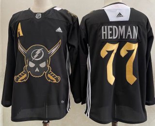 Men's Tampa Bay Lightning #77 Victor Hedman Black Gasparilla Inspired Pirate-Themed Warmup