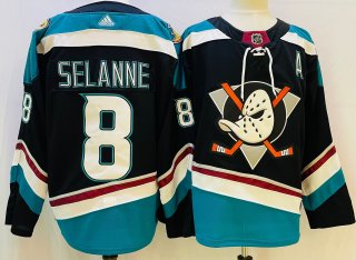 Men's Anaheim Ducks #8 Teemu Selanne Black Teal Stitched Jersey
