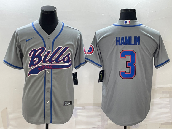 Buffalo Bills #3 Damar Hamlin Gray With Patch Cool Base Stitched Baseball Jersey