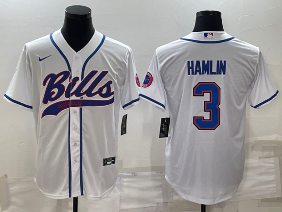 Buffalo Bills #3 Damar Hamlin White With Patch Cool Base Stitched Baseball Jersey