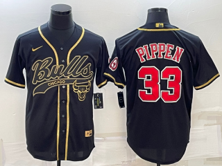 Chicago Bulls #33 Scottie Pippen Black Gold With Patch Cool Base Stitched Baseball