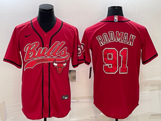 Chicago Bulls #91 Dennis Rodman Red With Patch Cool Base Stitched Baseball Jersey