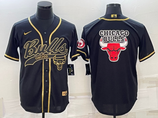 Chicago Bulls Black Gold Team Big Logo Cool Base Stitched Baseball Jersey