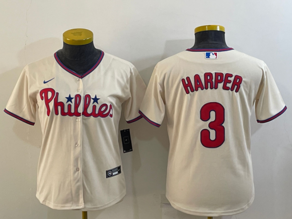Women's Philadelphia Phillies #3 Bryce Harper Cream Cool Base Stitched Baseball Jersey(Run small