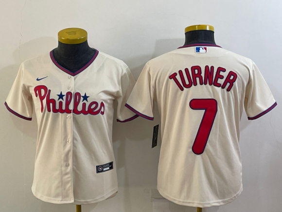 Women's Philadelphia Phillies #7 Trea Turner Cream Cool Base Stitched Baseball Jersey(Run
