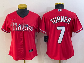 Women's Philadelphia Phillies #7 Trea Turner Red Cool Base Stitched Baseball Jersey(Run small)