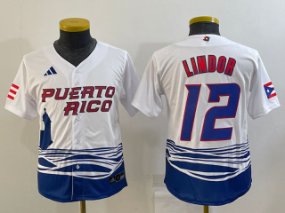Women's Puerto Rico Baseball #12 Francisco Lindor 2023 White World Baseball Classic Stitched