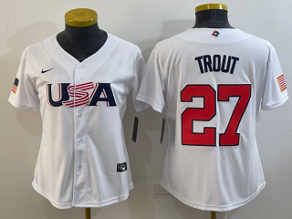 Women's USA Baseball #27 Mike Trout 2023 White World Baseball Classic Stitched Jersey(Run small
