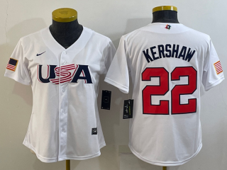 Women's USA Baseball #22 Clayton Kershaw 2023 White World Baseball Classic Stitched