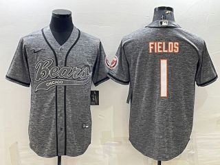 Chicago Bears #1 Justin Fields Grey With Patch Cool Base Stitched Baseball Jersey