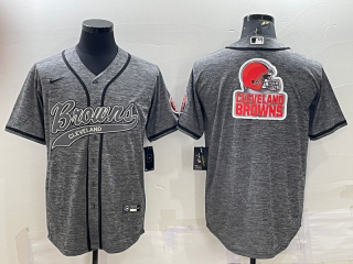 Cleveland Browns Grey Team Big Logo With Patch Cool Base Stitched Baseball Jersey
