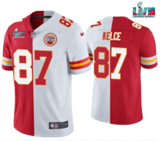 Kansas City Chiefs #87 Travis Kelce Red & White Split Super Bowl LVII Patch Limited