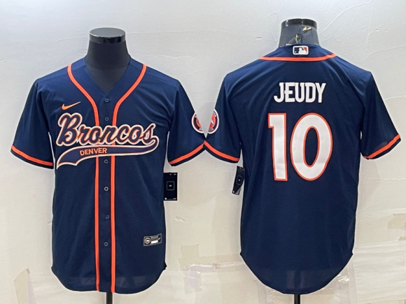 Denver Broncos #10 Jerry Jeudy Navy With Patch Cool Base Stitched Baseball Jersey