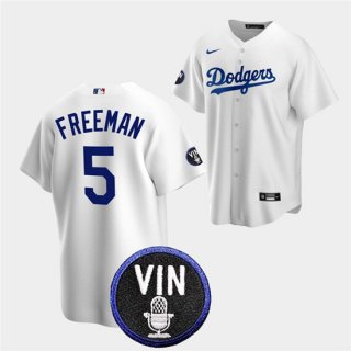 Los Angeles Dodgers #5 Freddie Freeman 2022 White Vin Scully Patch Cool Base Stitched