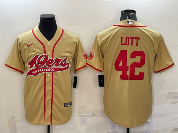 San Francisco 49ers #42 Ronnie Lott Gold With Patch Cool Base Stitched Baseball Jersey
