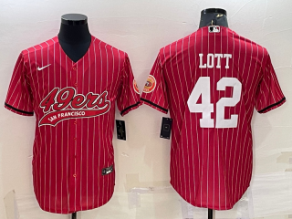 San Francisco 49ers #42 Ronnie Lott Red With Patch Cool Base Stitched Baseball Jersey