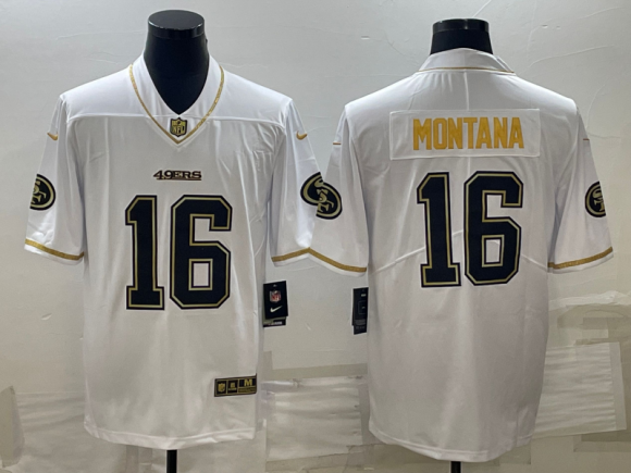 San Francisco 49ers #16 Joe Montana White Gold Stitched Jersey
