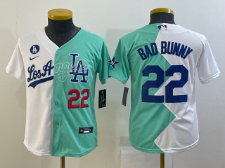 Youth Los Angeles Dodgers #22 Bad Bunny 2022 All Star White Green Split Stitched Jersey