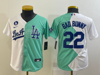 Youth Los Angeles Dodgers #22 Bad Bunny 2022 All-Star White Green Split Stitched Jersey 2