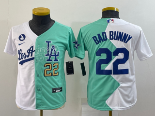Youth Los Angeles Dodgers #22 Bad Bunny 2022 All-Star White Green Split Stitched Jersey 3