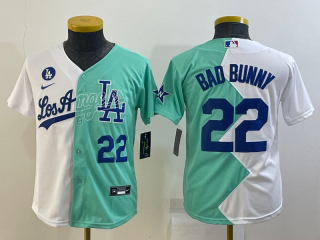 Youth Los Angeles Dodgers #22 Bad Bunny 2022 All-Star White Green Split Stitched Jersey