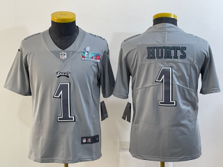 outh Philadelphia Eagles #1 Jalen Hurts Gray Super Bowl LVII Patch Atmosphere Fashion