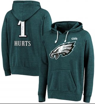 Jalen Hurts Philadelphia Eagles Majestic Threads Super Bowl LVII Name & Number Pullover Hoodie - Midnight Green
