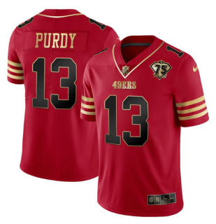Men's San Francisco 49ers #13 Brock Purdy Red Gold With 75th Patch Cool Base Stitched Jersey