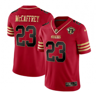 Men's San Francisco 49ers #23 Christian McCaffrey Red Gold With 75th Patch Cool Base