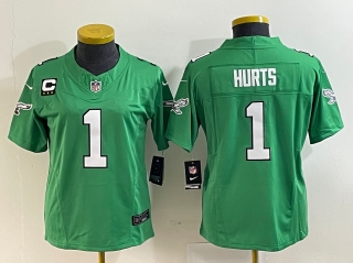 women Philadelphia Eagles #1 Jalen Hurts Green Vapor Limited With C Patch Stitched Football