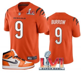 Bengals #9 Joe Burrow 2022 Orange Super Bowl LVI Stitched Jersey + AJ 1 Shoes