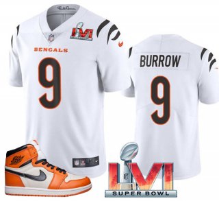 Bengals #9 Joe Burrow 2022 White Super Bowl LVI Stitched Jersey + AJ 1 Shoes