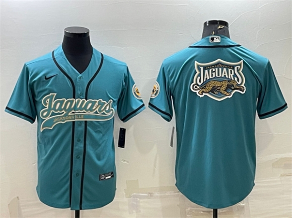 Jacksonville Jaguars Teal Team Big Logo With Patch Cool Base Stitched Baseball Jersey